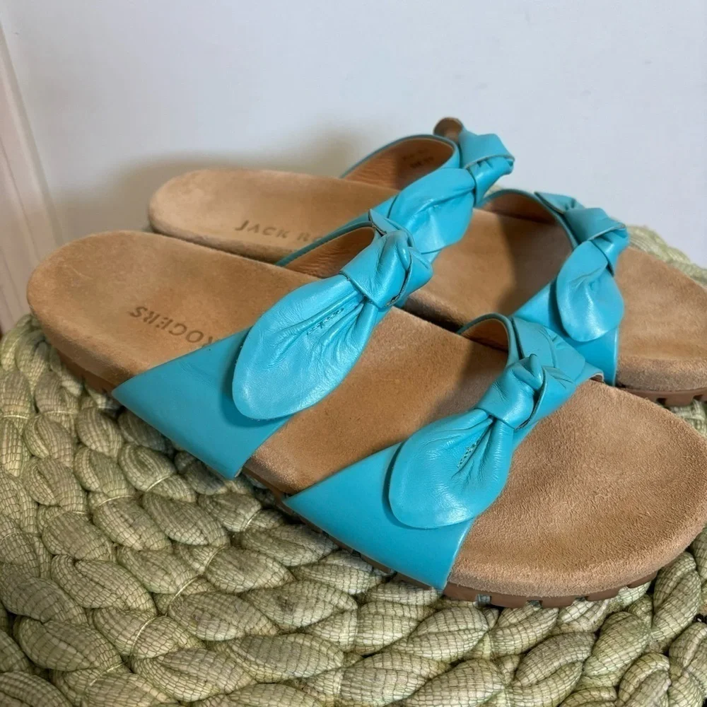 Jack Rogers Rose Aqua Blue Leather Double Knot Slide Flat Sandals Size 9